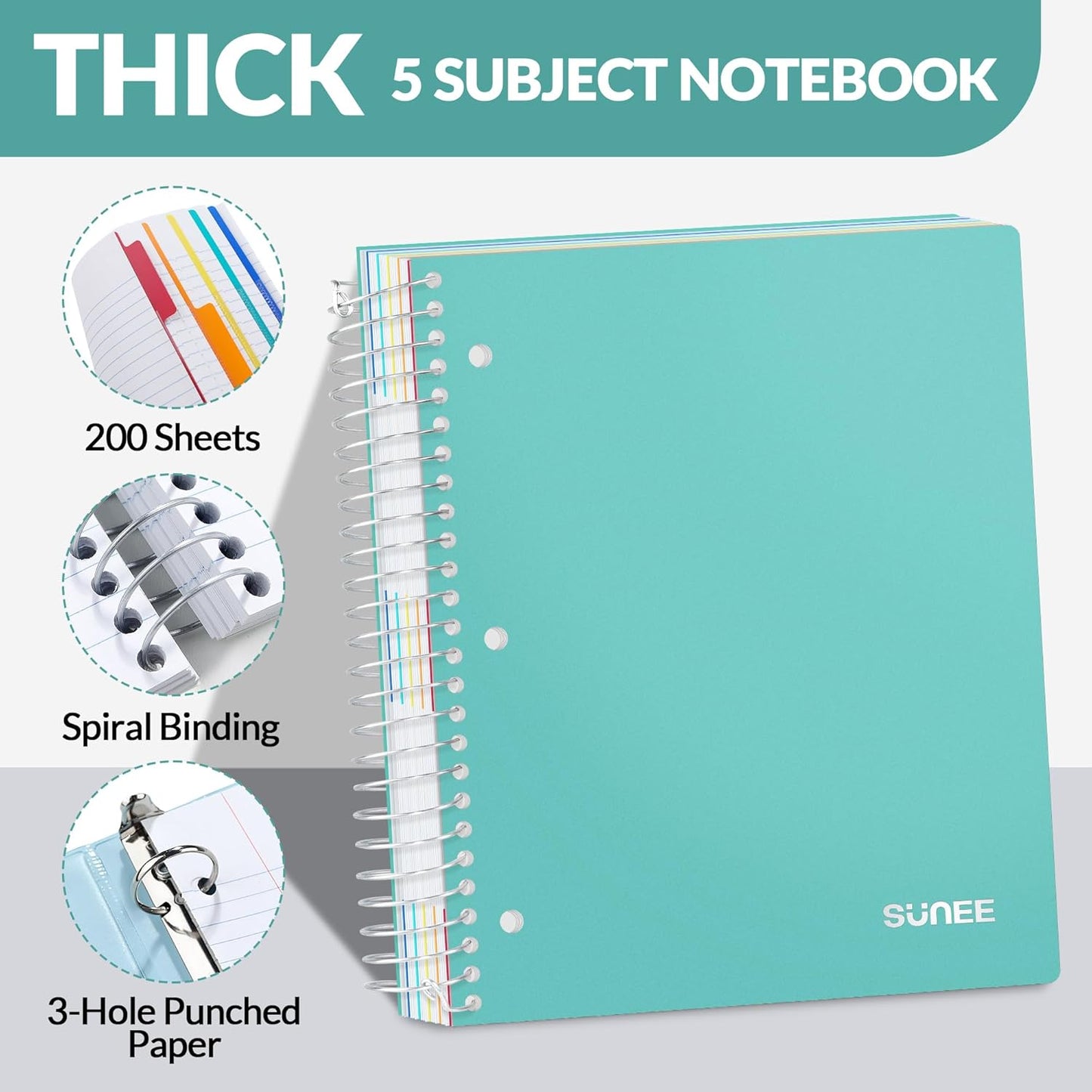 SUNEE 5 Subject Graph Paper Notebook - 400 Pages, 9"x11", 4x4 Graph Ruled Notebook, 5 Pocket Colored Dividers, 3-Hole Punched Paper, Black