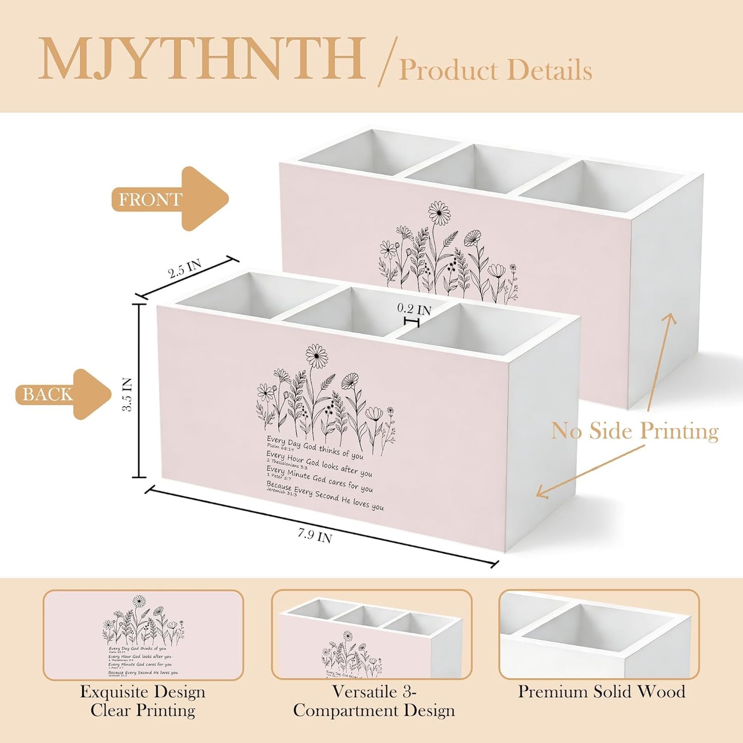 Don't Overthink It Inspirational Pencil Pen Holder for Desk, Pink Positive Affirmations Wooden Box Sign Pen Holder Organizer for Home Office School Desk Accessories