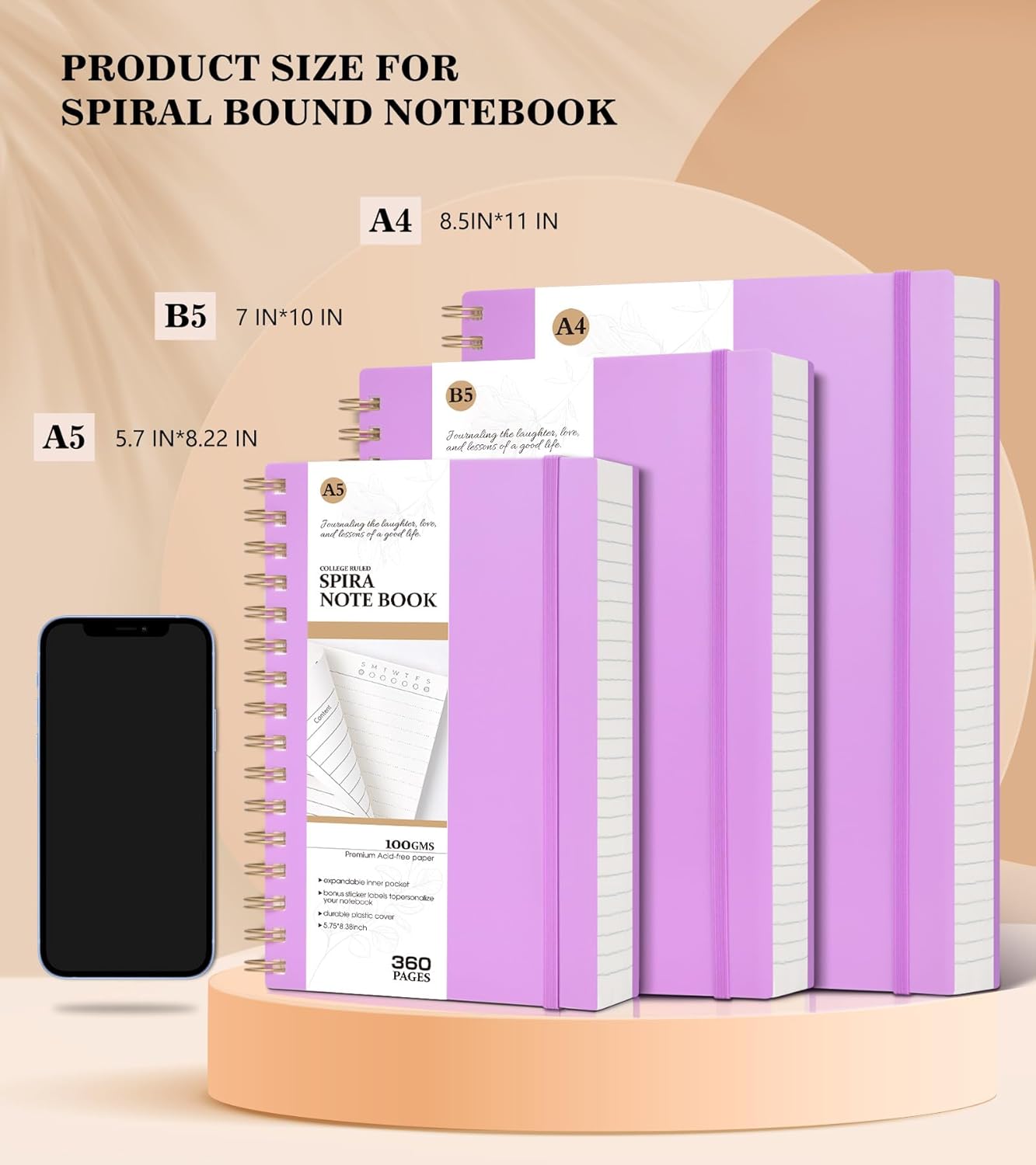 MUAHLIUB Spiral Notebook Journal College Ruled, 360 Pages Lined Thick Journals for Women Men, B5 Big Notebooks with 100GSM Paper, Spiral Bound Journaling for Writing Work School Black 7.6"×10"