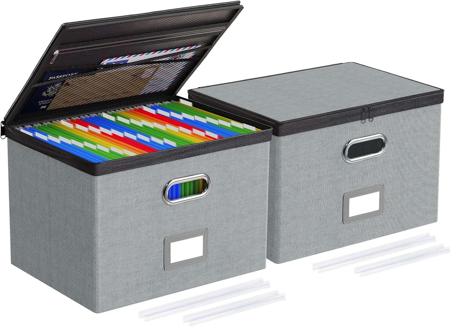 Oterri 2 Pack File Organizer Boxes with Lids, File Box with Mesh Pockets, Document Organizer Box for File Folders Letter Size, Zippers Filing Box for Home, Office, School (Green, Without Folders)