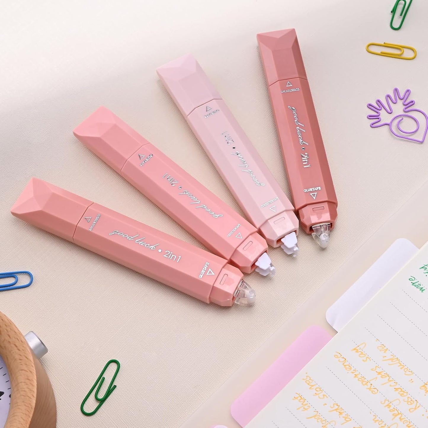 Temiary 4 Pcs 2 in 1 White Correction Tape and Double Sided Roller Set, Aesthetic Smooth Pull Out Tapes with Adhesive Glue Tape Roller Runner for School Office Supplies (Pink)