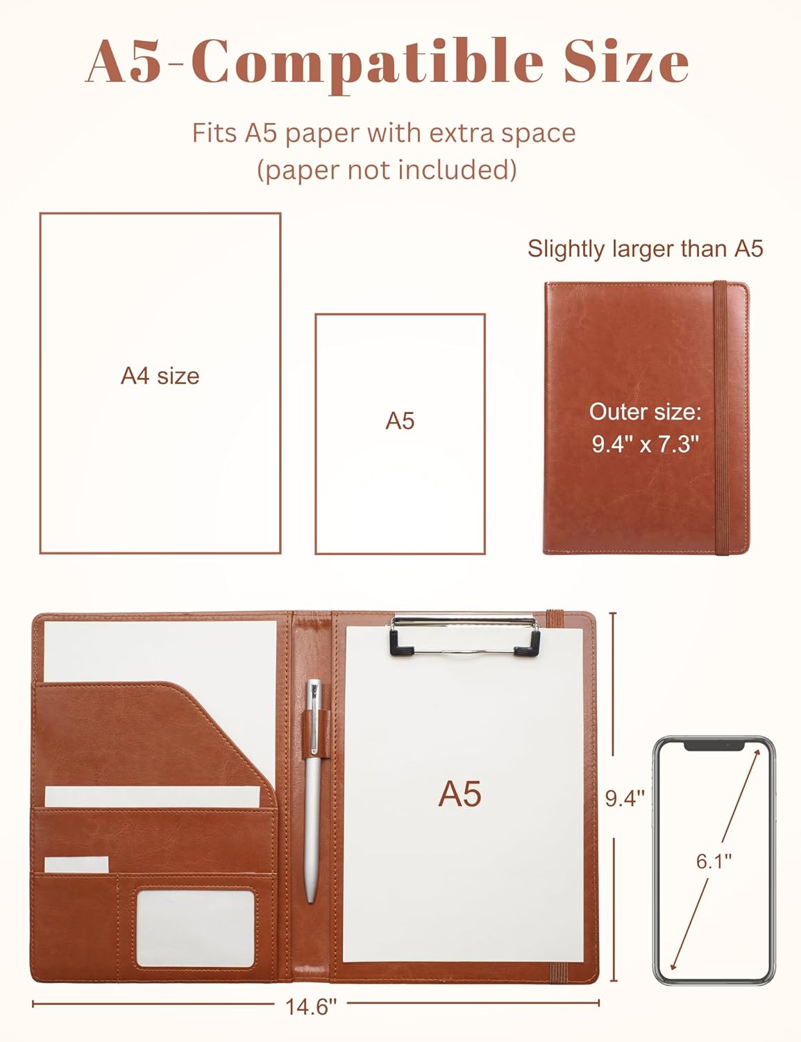 Small Clipboard Junior Padfolio Folio 7 x 9 Writing Pad Refillable, Mymazn Faux Leather Folder A5 for Notepad 5 x 8 Junior Size Portfolio (Black)