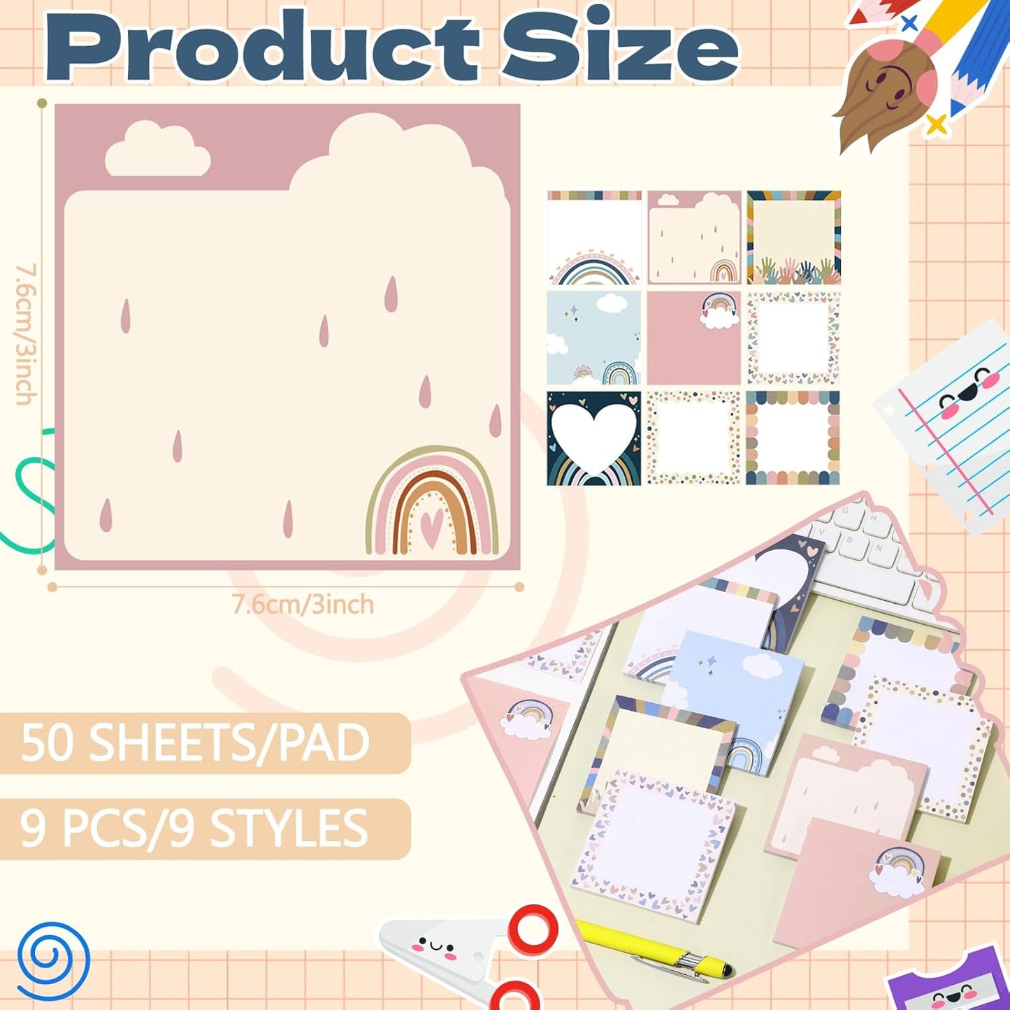9 Pads Wildflower Sticky Notes 3x3 Inch Cute Self Stick Notepads Notes Adhesive Memo Pad Office Decor Gifts for Students School Teacher Meeting Office Supplies