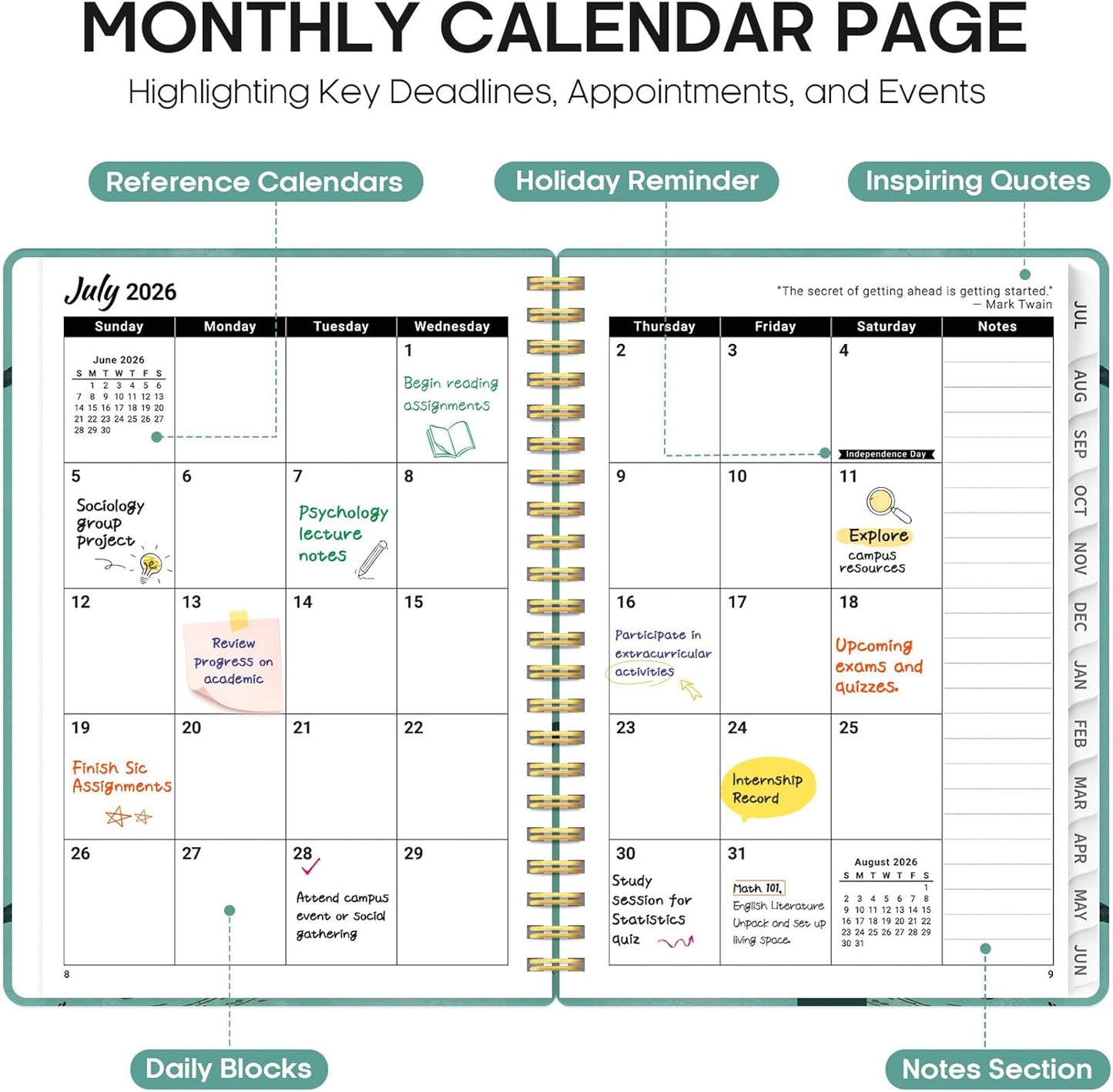 Planner 2026-2027, Academic Year Monthly and Weekly Calendar Planner, Jul 2026 - Jun 2027, Hardcover Teacher Student Planning Agenda book with Tabs, Perfect for School Office Supplies, 6.3" x 8.5" - Wildflowers