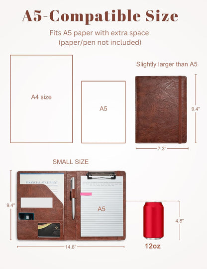 Small Clipboard Junior Padfolio Folio 7 x 9 Writing Pad Refillable, Mymazn Faux Leather Folder A5 for Notepad 5 x 8 Junior Size Portfolio (Black)