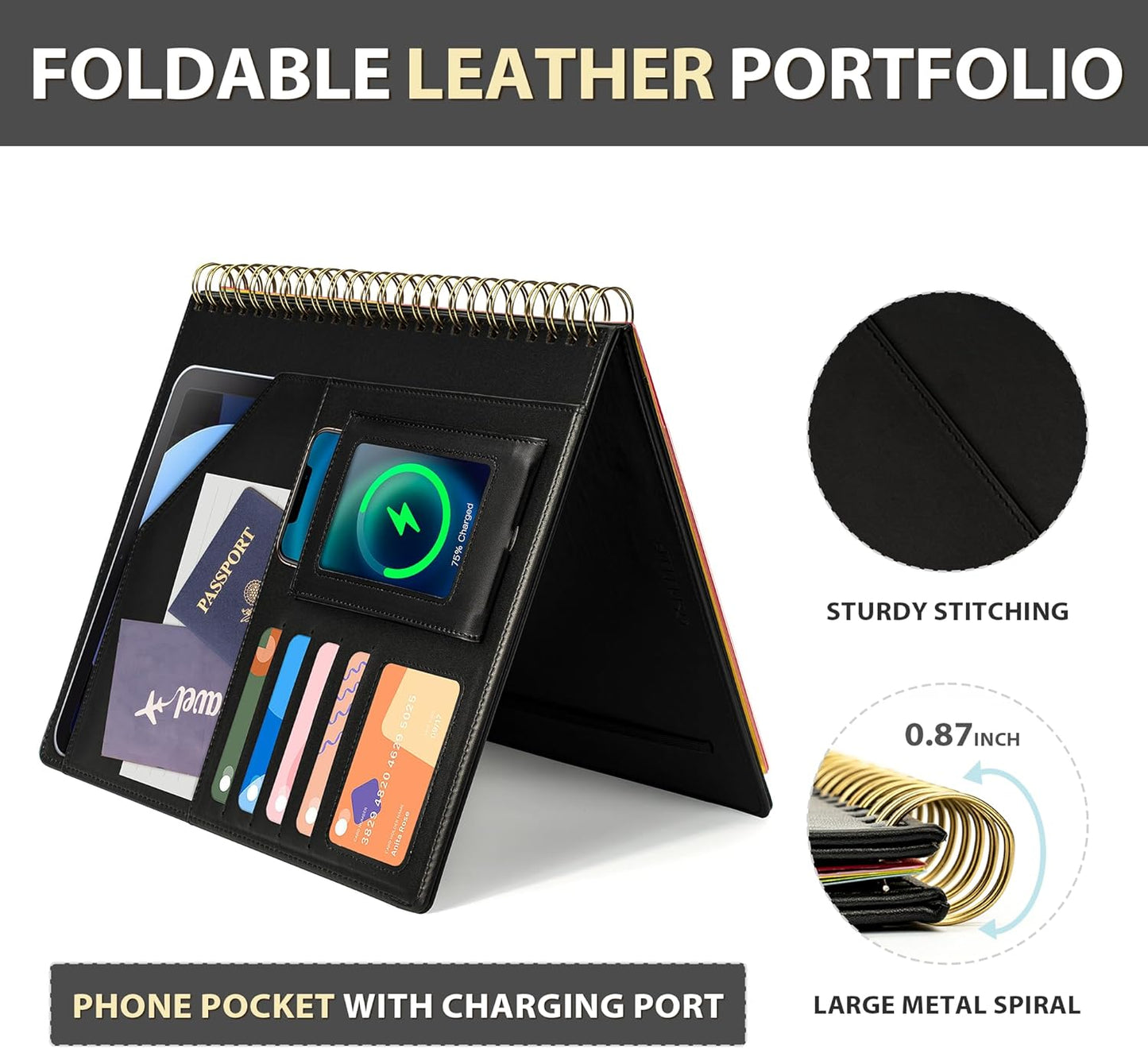 Ospelelf Clipboard with Storage for Women, Leather Padfolio Portfolio Organizer 5 Folders with 10 Pockets, Spiral Clipboard Folio with Notepad for Letter Size, Elastic Closure and Pen Loop Floral