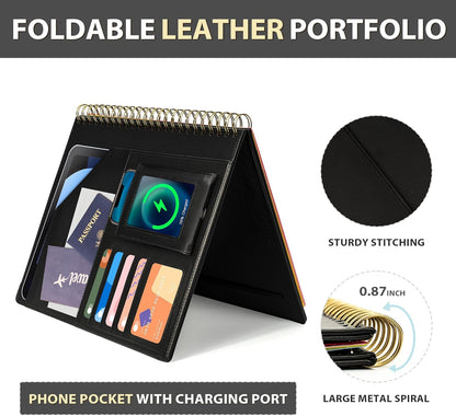 Ospelelf Clipboard with Storage for Women, Leather Padfolio Portfolio Organizer 5 Folders with 10 Pockets, Spiral Clipboard Folio with Notepad for Letter Size, Elastic Closure and Pen Loop Floral