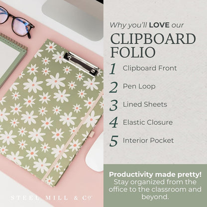 Steel Mill & Co Cute Clipboard Folio with Refillable Lined Notepad and Interior Storage Pocket, Floral Padfolio for Work, Garden Blooms Cream