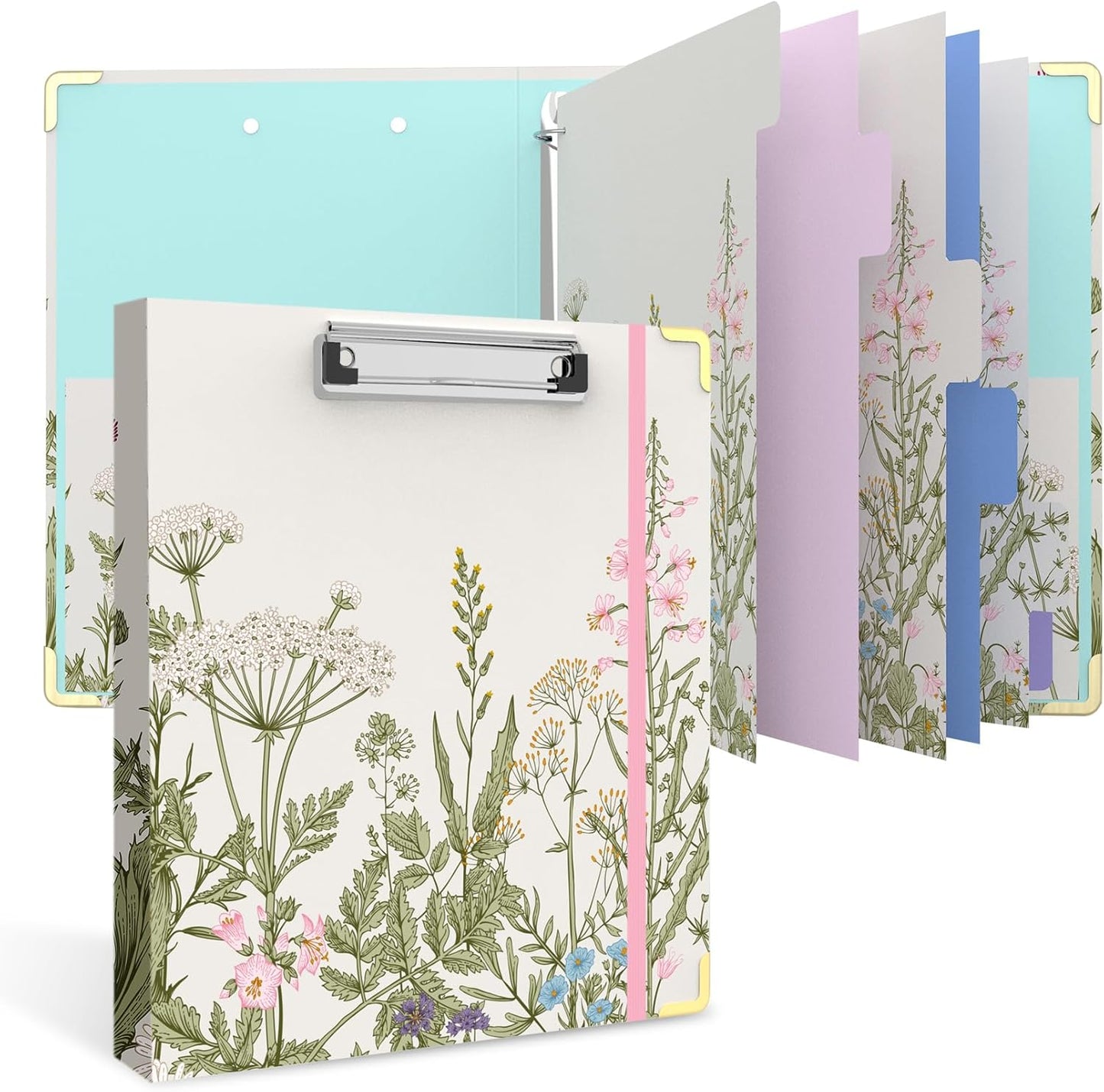 3 Ring Binder 2 Inch Round Ring Binder with 6 Tab Dividers，2 Interior Pockets，Cute Binder Clipboard with Storage, for School Office, Portfolio(Almond Tree)