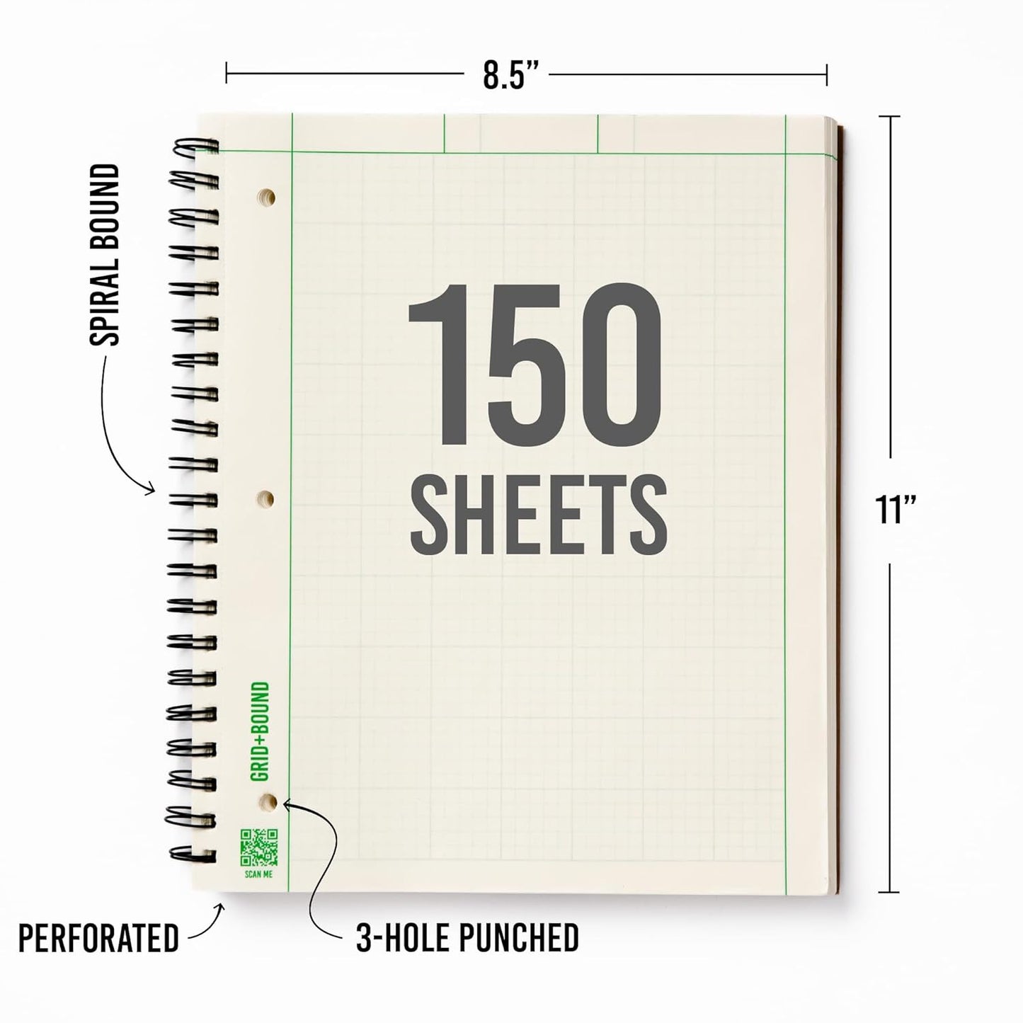 Grid+Bound Engineering Notebook, Spiral-Bound, 2 Pack, 8.5" x 11", Green Tint, Margin Front, 5x5 Graph Back, 150 Sheets per Notebook