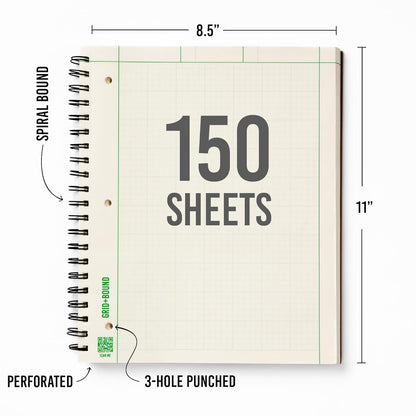 Grid+Bound Engineering Notebook, Spiral-Bound, 2 Pack, 8.5" x 11", Green Tint, Margin Front, 5x5 Graph Back, 150 Sheets per Notebook