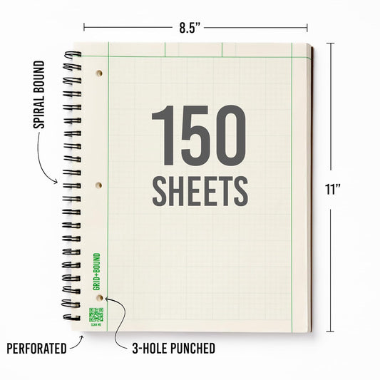 Grid+Bound Engineering Notebook, Spiral-Bound, 2 Pack, 8.5" x 11", Green Tint, Margin Front, 5x5 Graph Back, 150 Sheets per Notebook