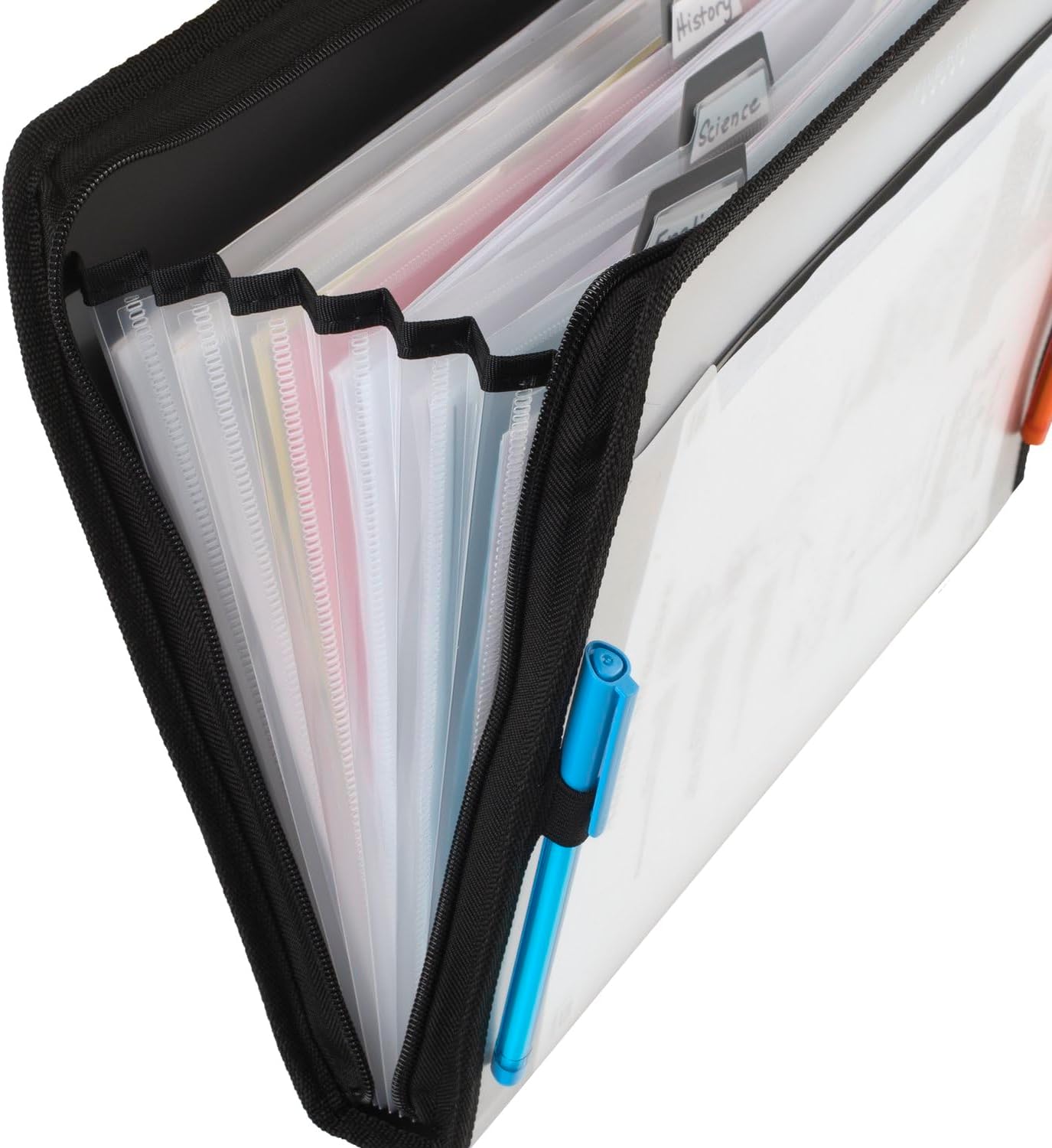 Five Star 7 Pocket Expanding File Organizer, Plastic Expandable File Folders with Customizable Tabs & Clear Cover, Holds 11" x 8-1/2", Zipper Closure, Black (72709)