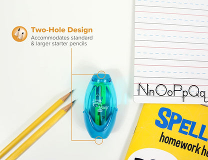 Bostitch Office Twist-N-Sharp Manual Pencil Sharpener, 2 Holes for Standard and Jumbo Pencils with Ratchet Technology, 1 Sharpener Random Color