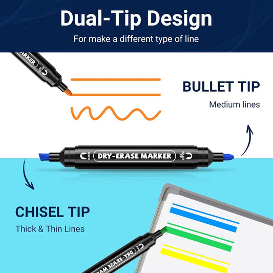AKARUED 12 Colorful Dry Erase Markers: Dual Tip Dry & Wet Erase Marker With Thick Chisel& Bullet Tip, Double Sided Vibrant Whiteboard Markers for Whiteboard,Glass Board,Home,Office,Classroom Must-Have