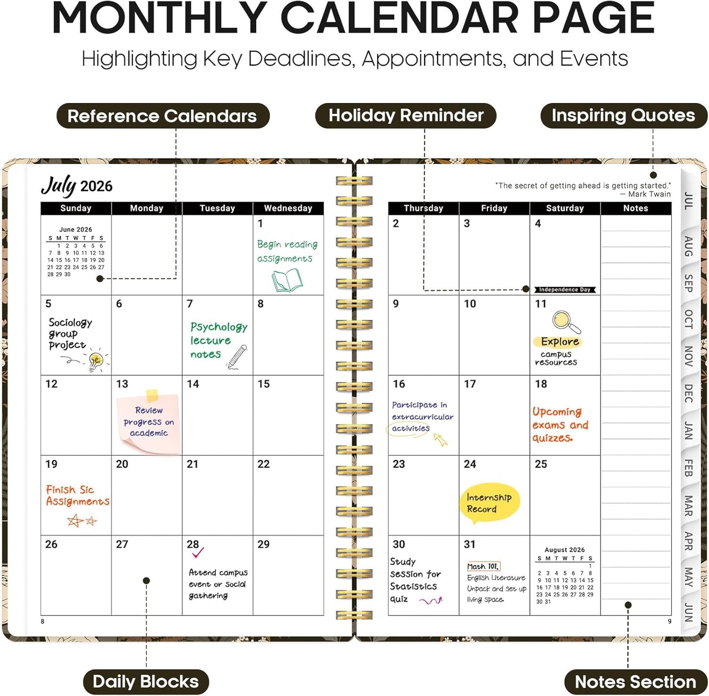 Planner 2026-2027, Academic Year Monthly and Weekly Calendar Planner, Jul 2026 - Jun 2027, Hardcover Teacher Student Planning Agenda book with Tabs, Perfect for School Office Supplies, 6.3" x 8.5" - Wildflowers