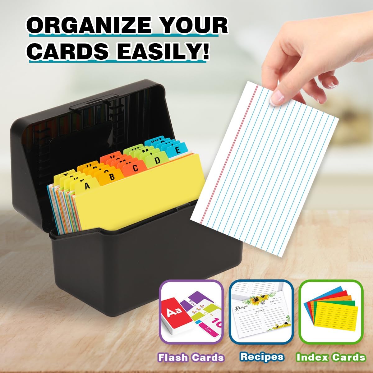 H4D 3x5 Index Card Holder with 100 Heavyweight Ruled Index Cards and 25 Plastic Dividers, Black
