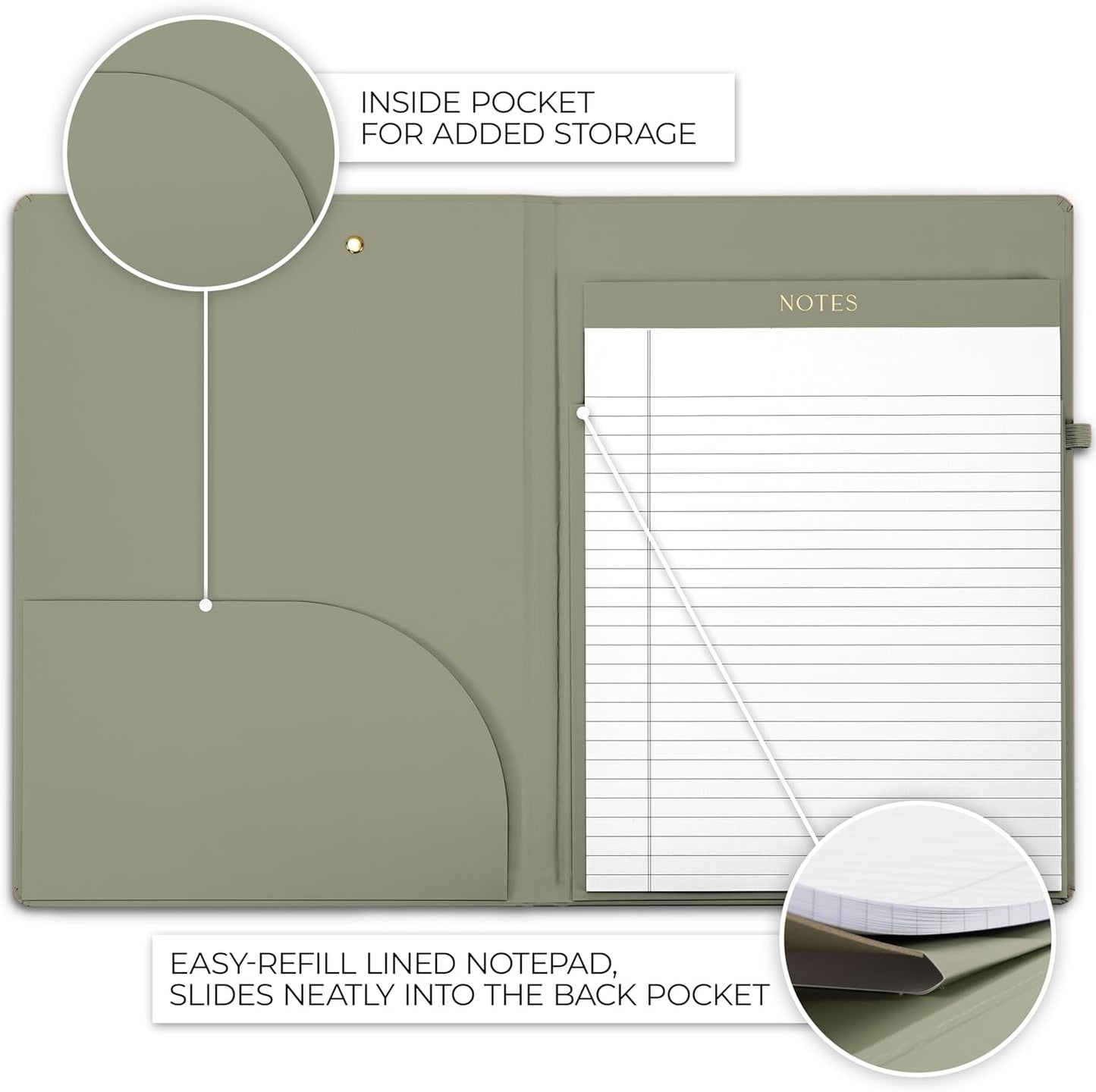 Aesthetic Clipboard Folio with Refillable Lined Notepad & Interior Pocket – Cute Padfolio/Legal Pad Holder for Women – Easily Organize Notes at Work, School, or Home