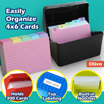 Olivo 4x6 Index Card Holder Box with 100 Cards Dividers Tabs 4"x 6", Blue