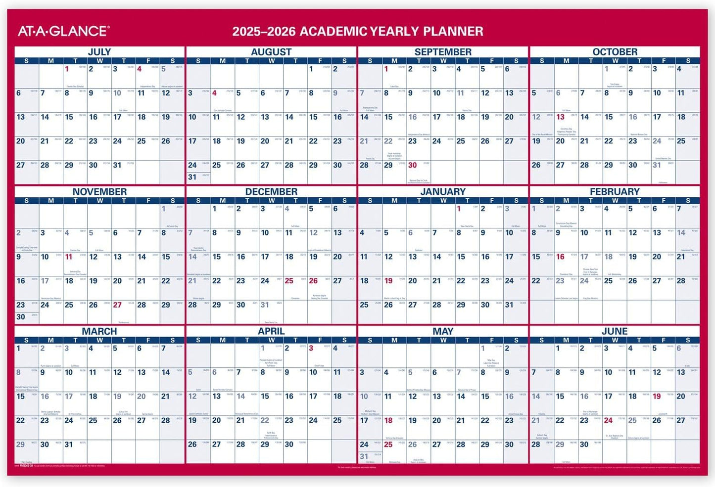 AT-A-GLANCE Dry Erase Calendar 2026-2027 Academic & Regular Year Wall Planner, 12-Month, 24" x 36", Double Sided, Vertical (PM210S28)