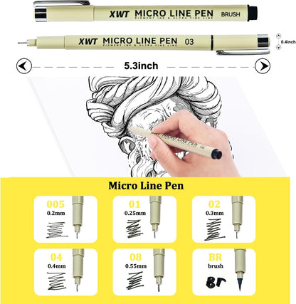 12+1 Fineliner Drawing Art Pens, Black Waterproof Pigment Ink Set for Artists, Sketching, Manga, Watercolor, Calligraphy, and Detail Outlining Archival Quality Inking Markers
