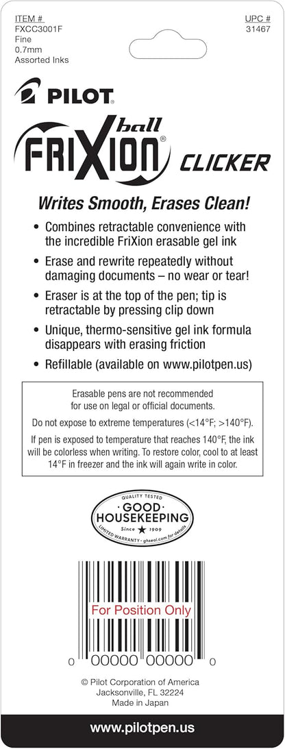 PILOT FriXion Clicker Erasable Pens, Refillable & Retractable Gel Ink Pens, Fine Point 0.7 mm, Black Ink, 3-Pack - Ideal for School, Journaling, & Office Writing