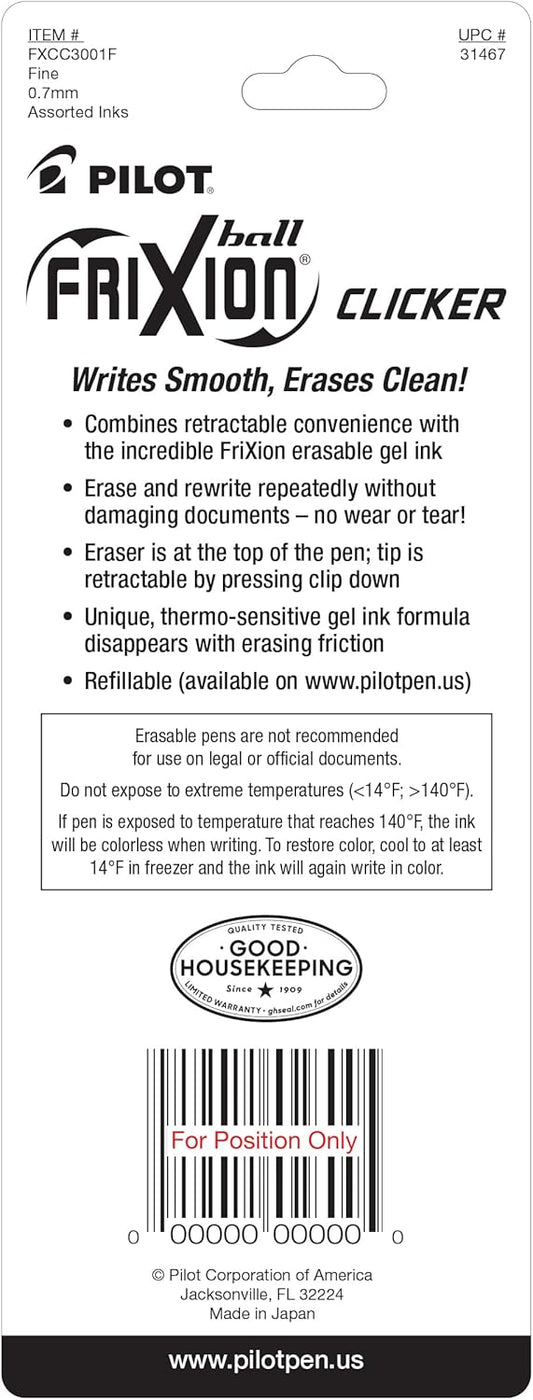 PILOT FriXion Clicker Erasable Pens, Refillable & Retractable Gel Ink Pens, Fine Point 0.7 mm, Black Ink, 3-Pack - Ideal for School, Journaling, & Office Writing