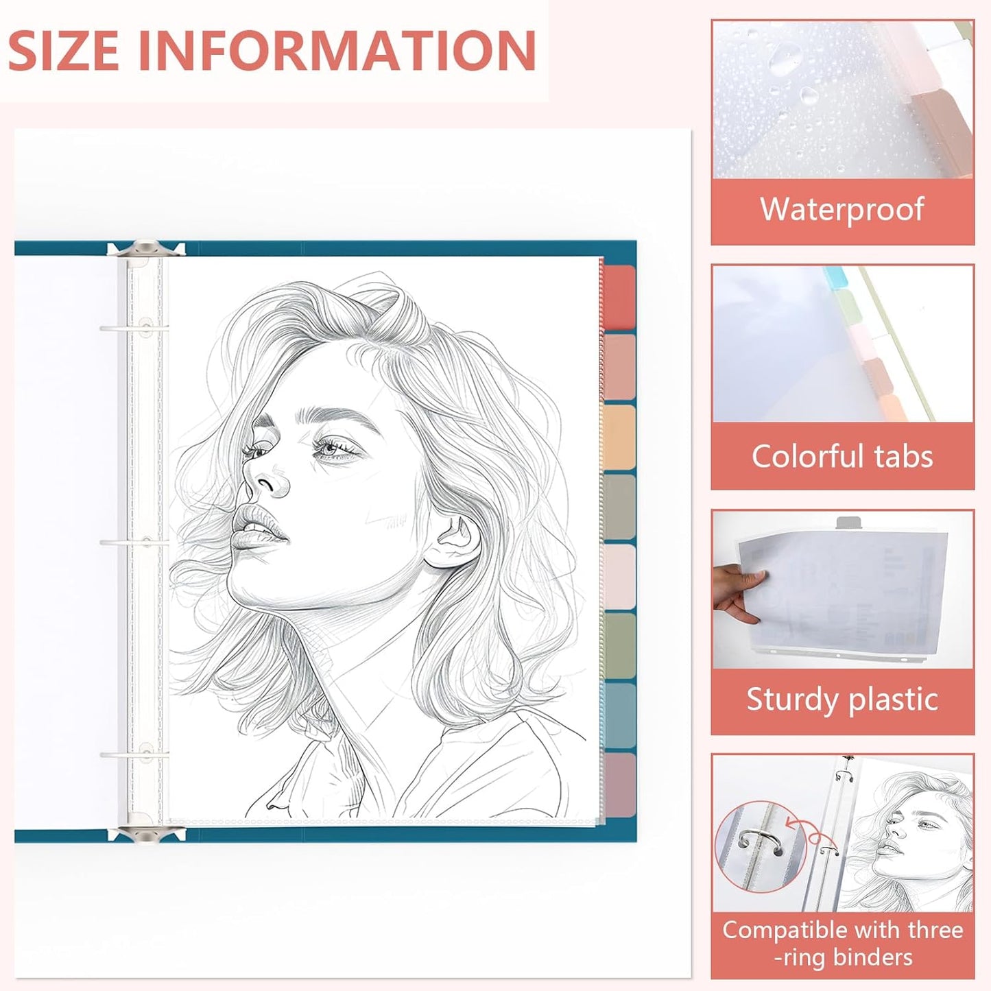 8 Set of 64 Pack Clear Binder Sheet Protectors for 3 Ring Binder Plastic Page Protector with 8 Tabs,Insertable Index Page Divider 8.5x11 Inch（Boho Color）