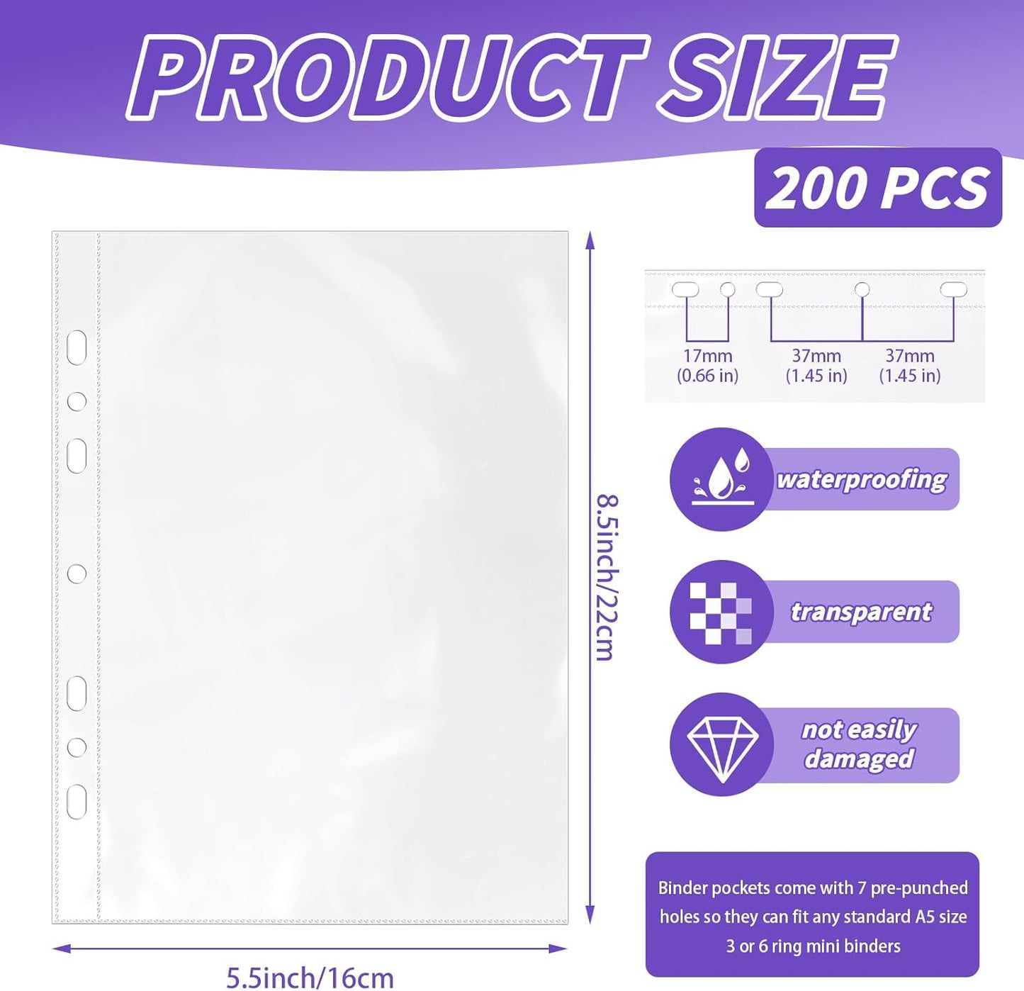 VOKOY 100 Pack 5.5x8.5 Inch Sheet Protectors for 3 or 6 Ring A5 Binder, Half Letter Size 7 Holes Mini Heavy-Duty Sheet Protector Sleeves Crystal Clear Playbill Binder Pockets