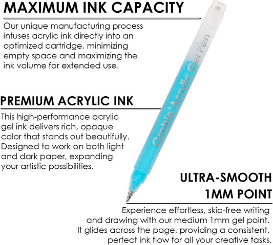 Grabie Coloring Kit, Acrylic Gel Pens Set with Coloring Book, 1.0mm Medium Tip Opaque Gel Pens for Adult Coloring Books, Drawing, Journaling, Planner, Art Supplies Gift Set of 12 Essential Colors
