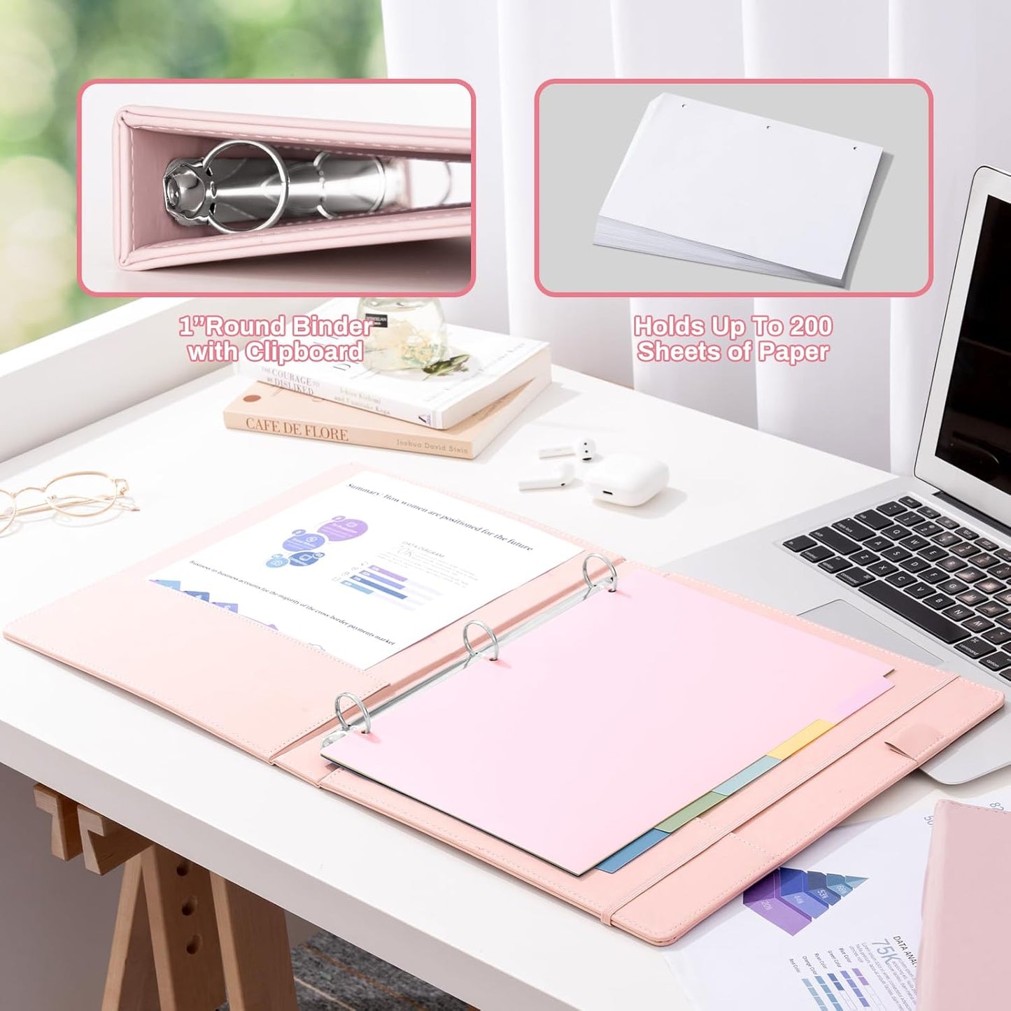 Aesthetic 3 Ring Binder 1 Inch Cute Three Round Rings Binders with Dividers Suitable for 8.5 x 11 Letter Size Paper Loose Leaf Binder with 2 Pockets for School Work