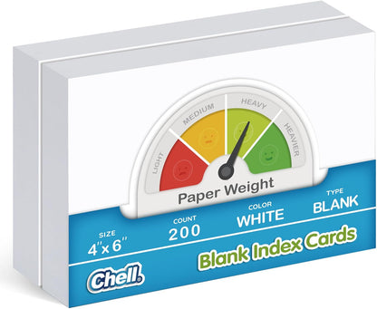 Chell 200 Count Blank Index Cards 3x5 Inch Heavyweight, No Bleed-Through, Double Side Unlined, 74 lb. Cover Weight, White