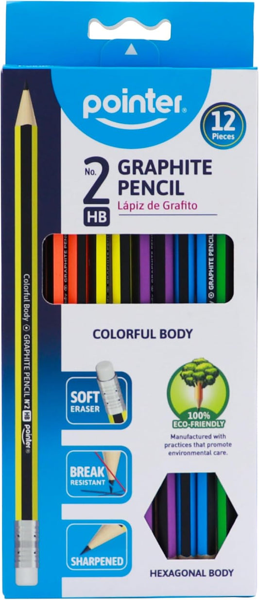 Pointer Wooden Pencils Pre-Sharpened HB Graphite Colorful Assorted Bodies, Hexagonal Grip for Comfortable Use with Soft Erasers Strong Break-Resistant Core Smooth Writing for Classrooms Work - 12Pcs