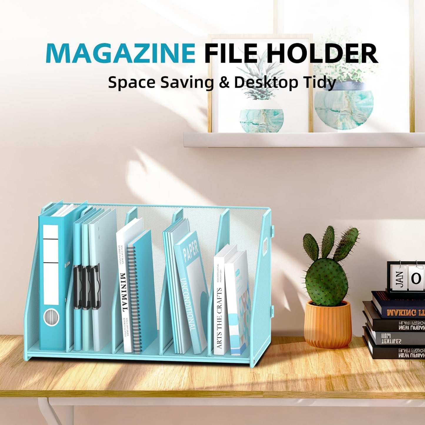 SUPEASY Binder Organizer, Magazine File Holder with 5 Vertical Compartments Rack, Metal Desk File Organizer & Binder Holders, Magazine Organizers for Office Desktop, Home, School, Classroom (Black)
