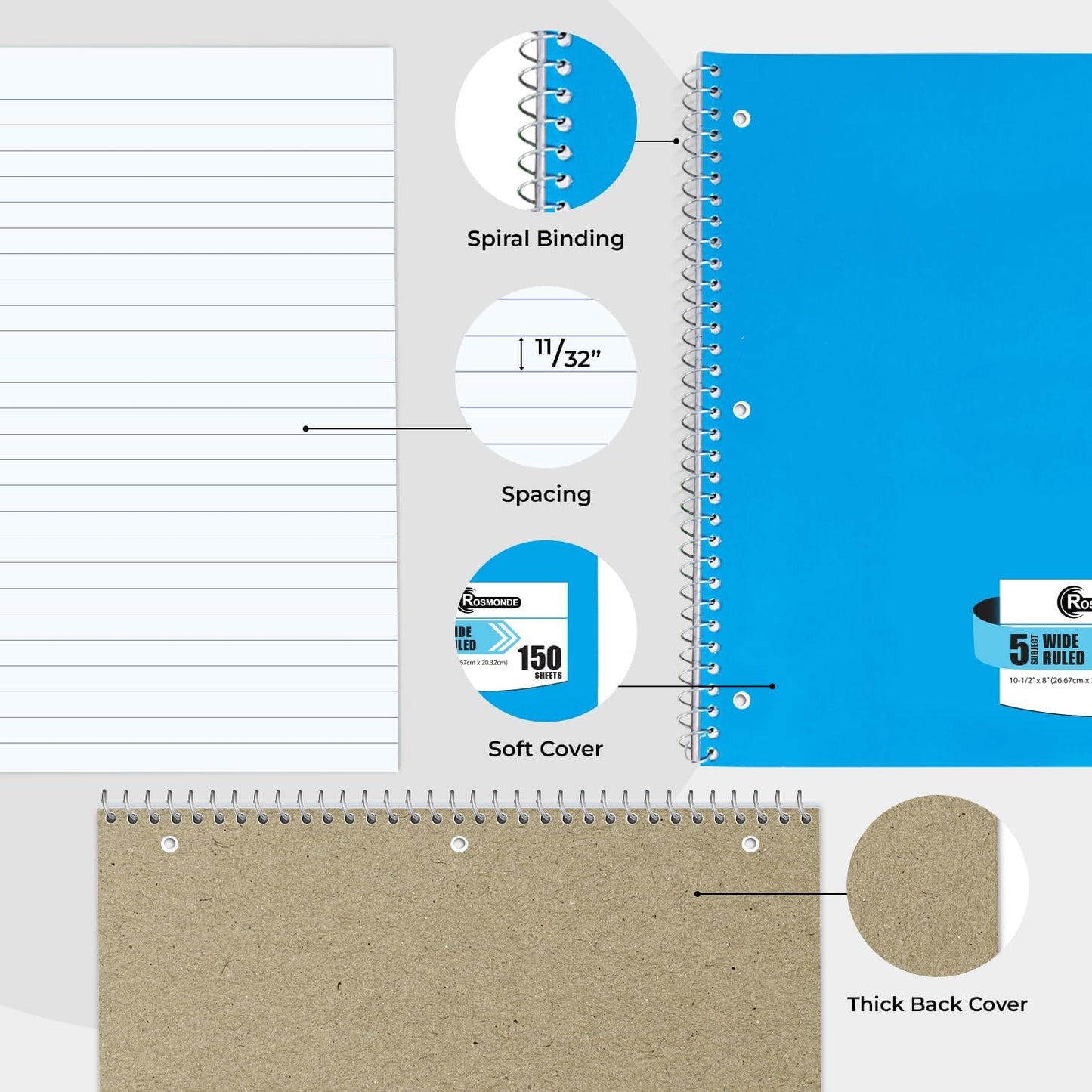 Rosmonde 5 Subject Notebook Wide Ruled, 6 Pack, 300 Pages (150 Sheets), 8 x 10-1/2", 5 Subject Spiral Notebook with Dividers, Thick Paper Fights Ink Bleed, 3 Hole Punched, Spiral Notebooks for School