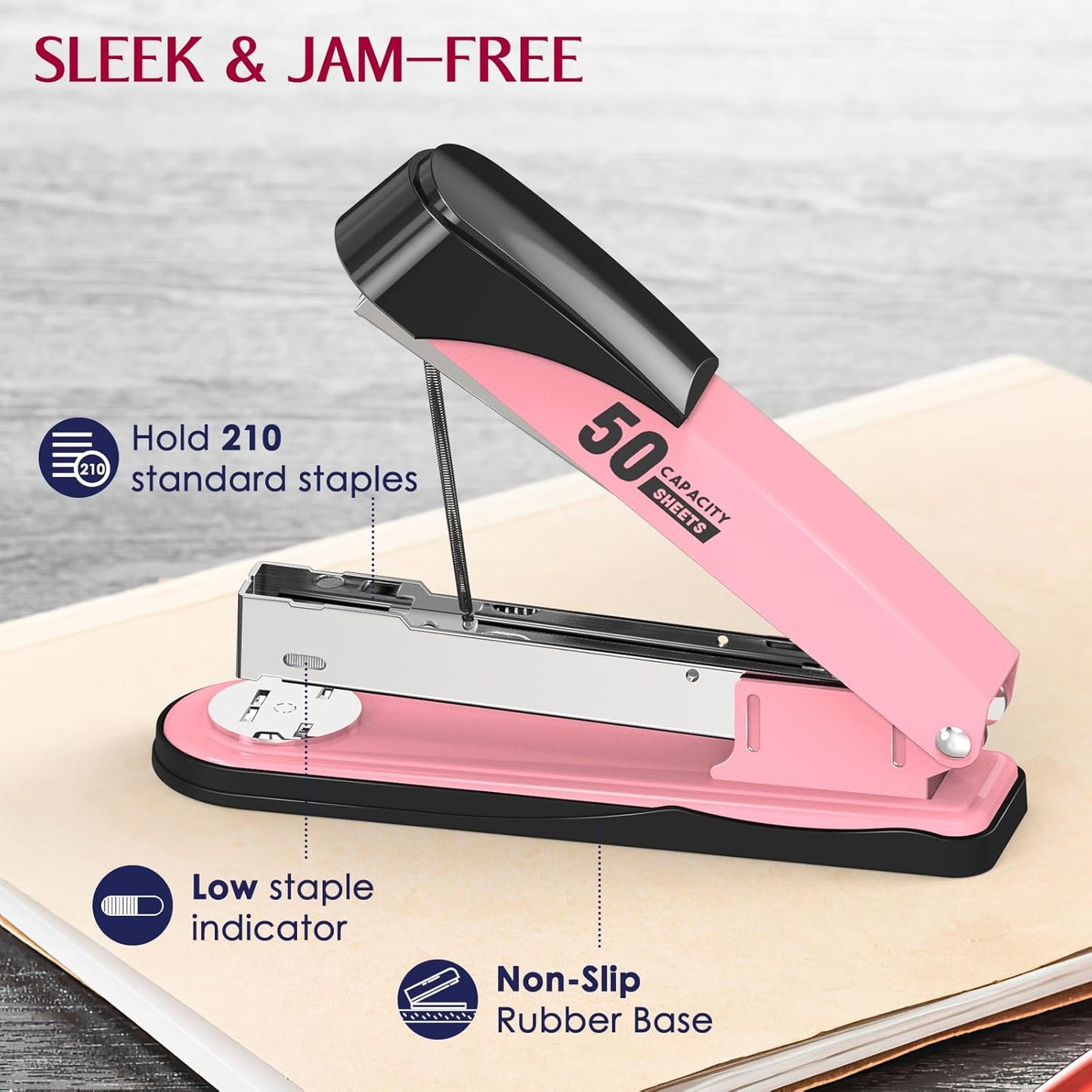 Metal Stapler Heavy Duty 50 Sheet Capacity with 1750 Staples and Staple Remover, Full Strip Staplers for Desk, No Jam, Non-Slip for Office & Classroom, Black