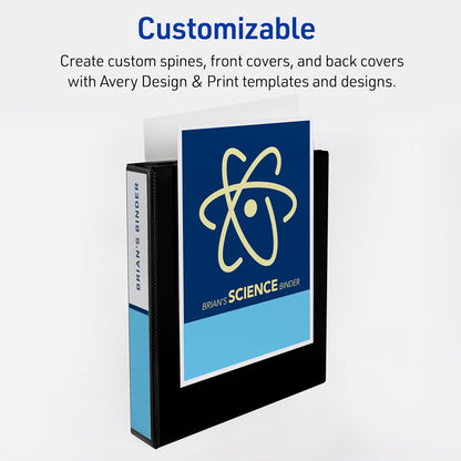 Avery Durable View 3 Ring Binders, 2 Inch Slant Rings, 530-Sheet Capacity, DuraHinge, 2.8 Inch Wide Spine, Customizable Clear Cover and Spine, Black Binders (12-Pack of 17031)