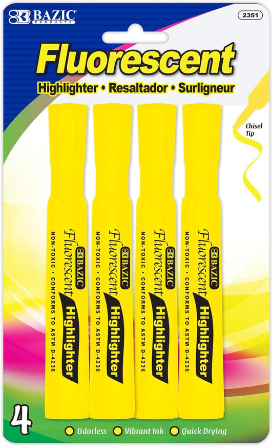 BAZIC PRODUCTS Highlighter – Yellow Color Chisel Tip Highlighter Set, Desk Style Highlighter Pen for Office, School, and Study Use, Fluorescent Yellow Ink, Smooth Marking, 4 Pcs, 1-Pack