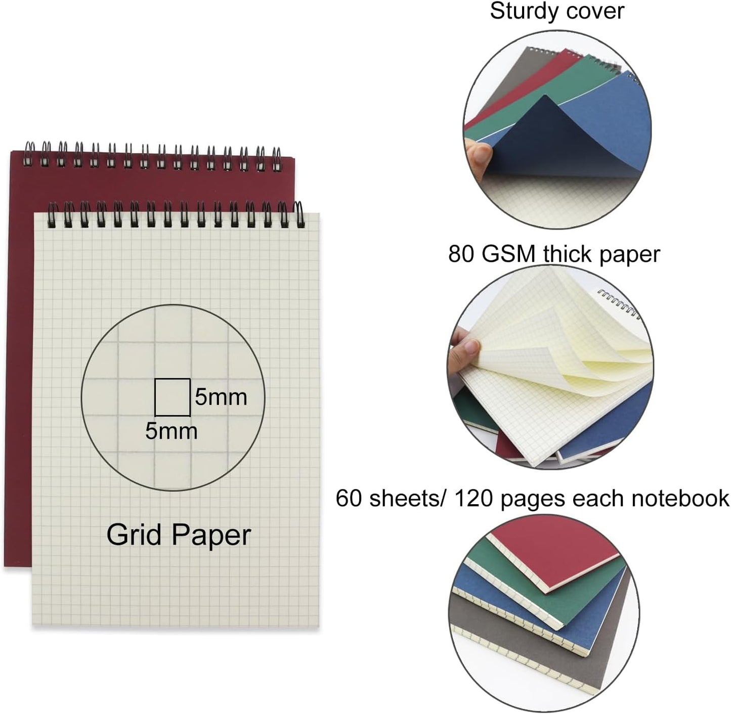 4 Pack Graph Paper Notebook, A5 Top Wirebound Grid Spiral Notebook 5.8" x 8.3",60 Sheets,5mm x 5mm Grid Paper,Grid Notepad for Students, Math, Engineering (Black)