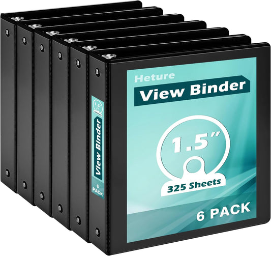 Heture 3 Ring Binder 1.5 Inch 6 Pack, 1-1/2" Clear View with Round Rings, PVC-Free,Holds for 325 Sheets 8.5X 11 US Letter Size Paper, Durable White Binders Perfect for Office,School and Home