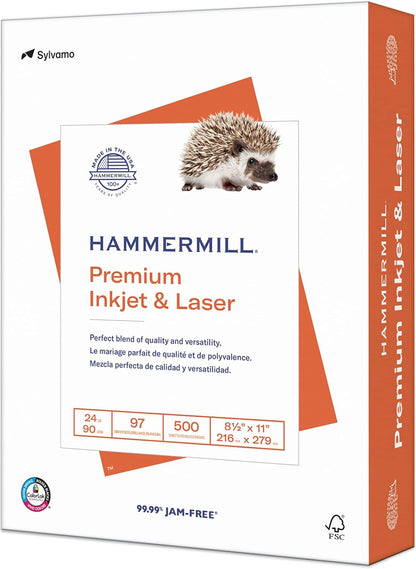 Hammermill Printer Paper, Premium Inkjet & Laser Paper 24 Lb, 8.5 x 11-5 Ream (2,500 Sheets) - 97 Bright, Made in the USA, 166140C