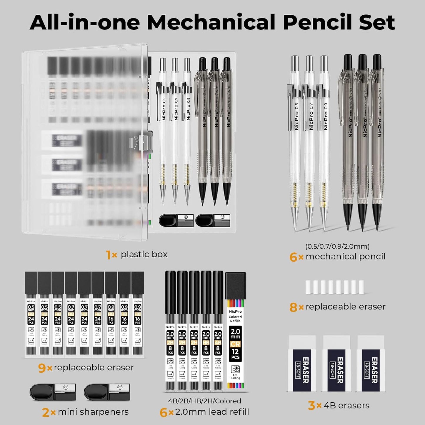 Nicpro 6PCS Art Mechanical Pencil Set, 4PCS Drafting Pencils 0.3 & 0.5 & 0.7 & 0.9 mm & 2PCS 2mm Lead Holder (4B 2B HB 2H) For Writing, Sketching Drawing With 12 Tube Lead Refills Erasers Case