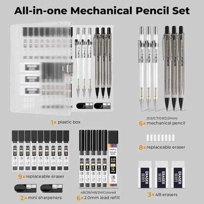 Nicpro 6PCS Art Mechanical Pencil Set, 4PCS Drafting Pencils 0.3 & 0.5 & 0.7 & 0.9 mm & 2PCS 2mm Lead Holder (4B 2B HB 2H) For Writing, Sketching Drawing With 12 Tube Lead Refills Erasers Case