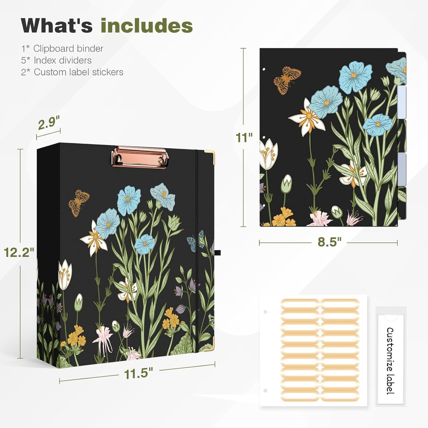 Ospelelf Binder 3 Ring 1 Inch, Floral Round Ring Clipboard Binder for Letter Size with 5 Tab Dividers, File Folder Labels, for School and Office Supplies