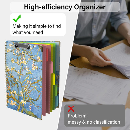 Foldable Clipboard Folio with Storage, 5 Plastic Folders with 10 Pockets,Refillable Lined Notepad (11" x 8.5"), Hardcover Project Organizer Nursing Teacher School Essentials