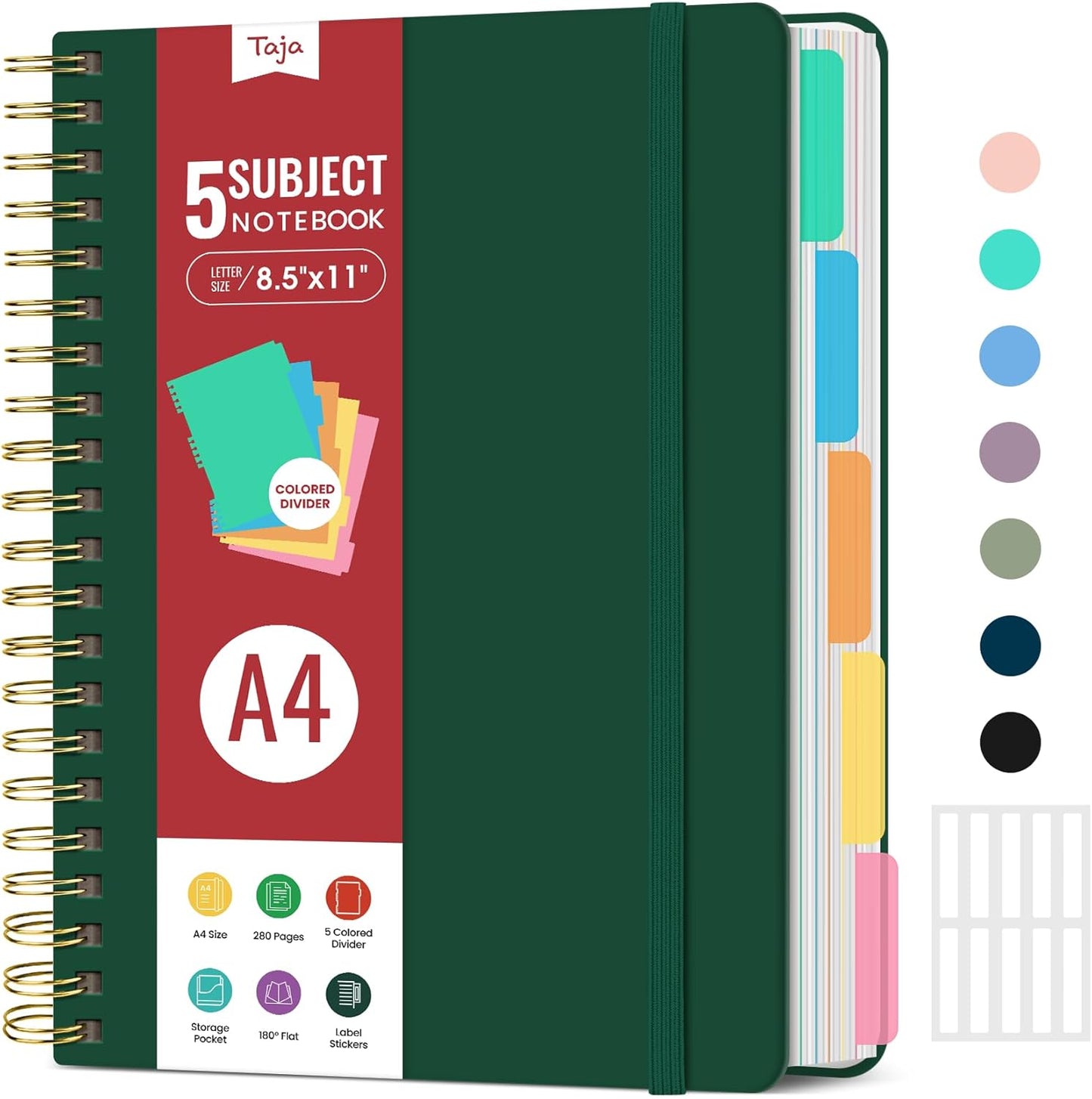 Hardcover Spiral Journal Notebooks for Work With Removable Dividers & Tabs, 8.5"x11" 5 Subject Notebook for Note Taking & Organizer, A4 College Ruled Lined Journal for Women & Writing, Aquamarine, 280 Pages