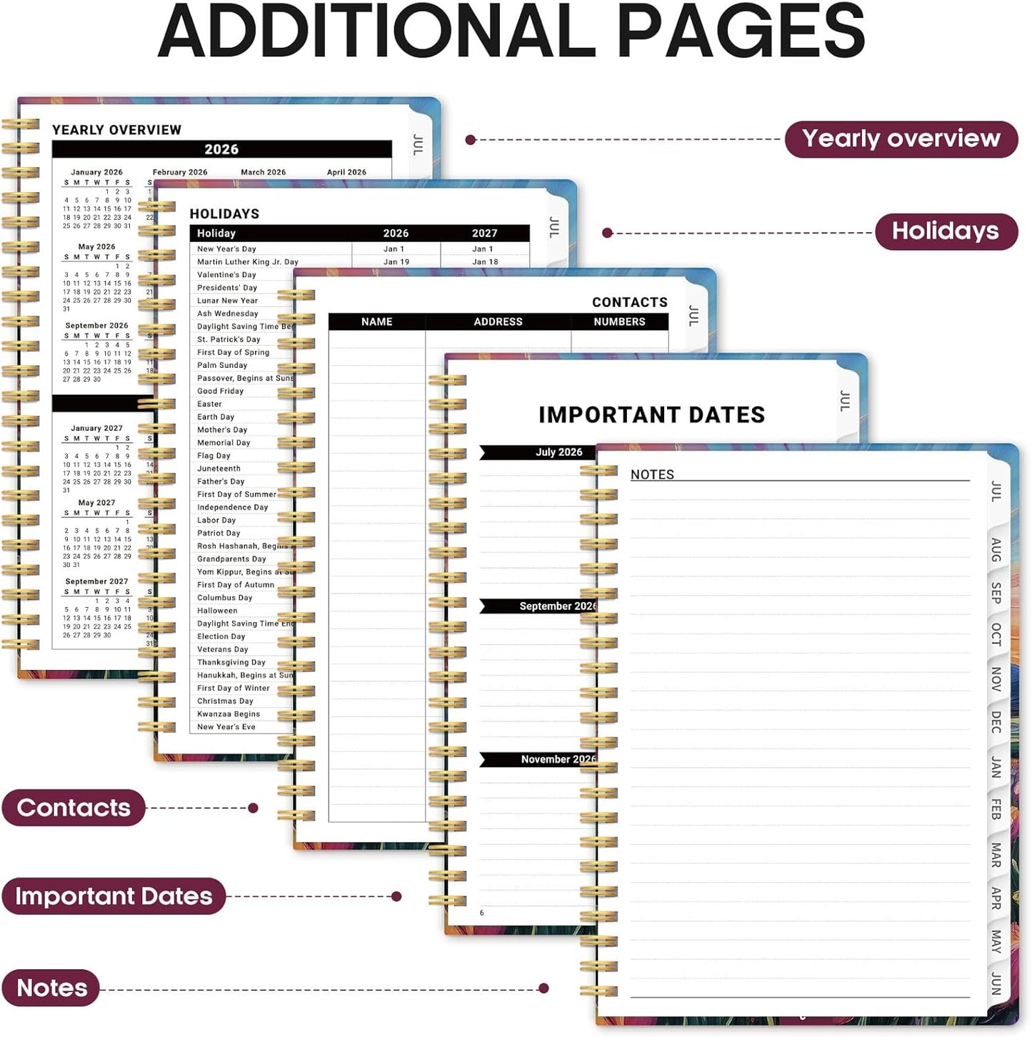 Planner 2026-2027, Academic Year Monthly and Weekly Calendar Planner, Jul 2026 - Jun 2027, Hardcover Teacher Student Planning Agenda book with Tabs, Perfect for School Office Supplies, 6.3" x 8.5" - Wildflowers