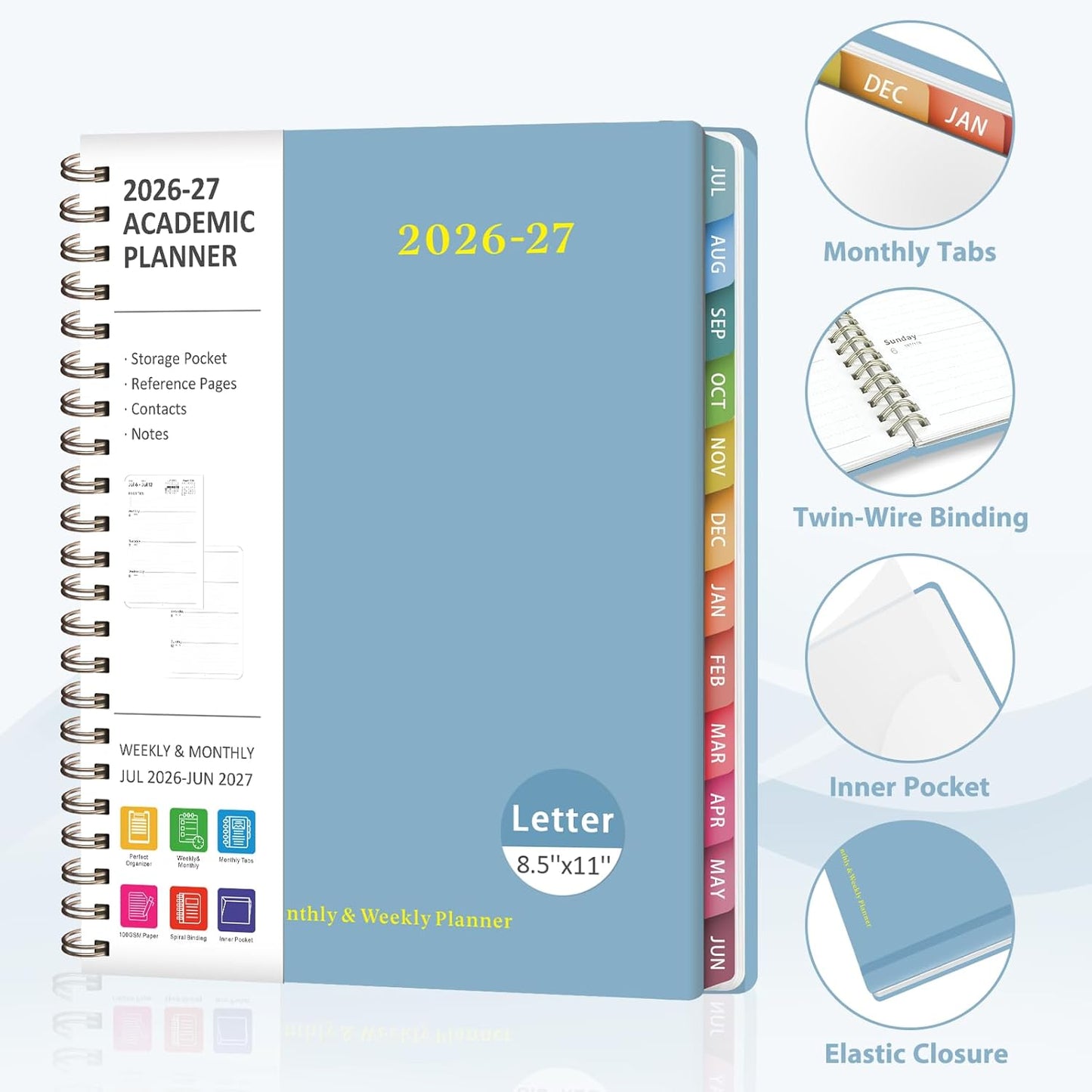Planner 2026-2027, Weekly and Monthly Academic Year Calendar Planner, July 2026 - June 2027, Daily Agenda Book for Office School Supplies, A5(6.3'' x 8.5'')
