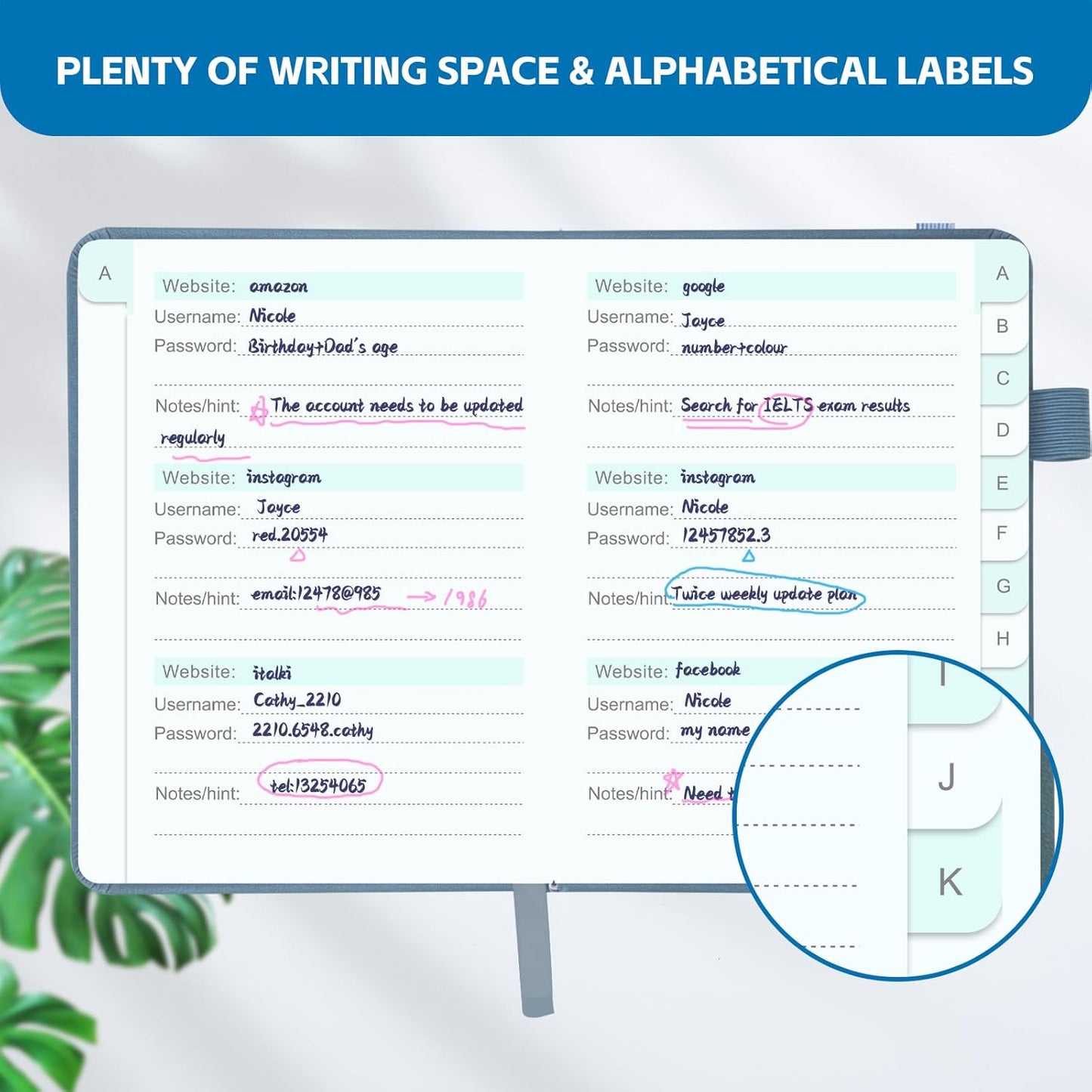 MOSA BEAR Password Keeper Book with Alphabetical Tabs，4.3"x5.7" Small Password Books for Seniors Password Notebook for Internet Website Address Log in Detail（Dark Blue）
