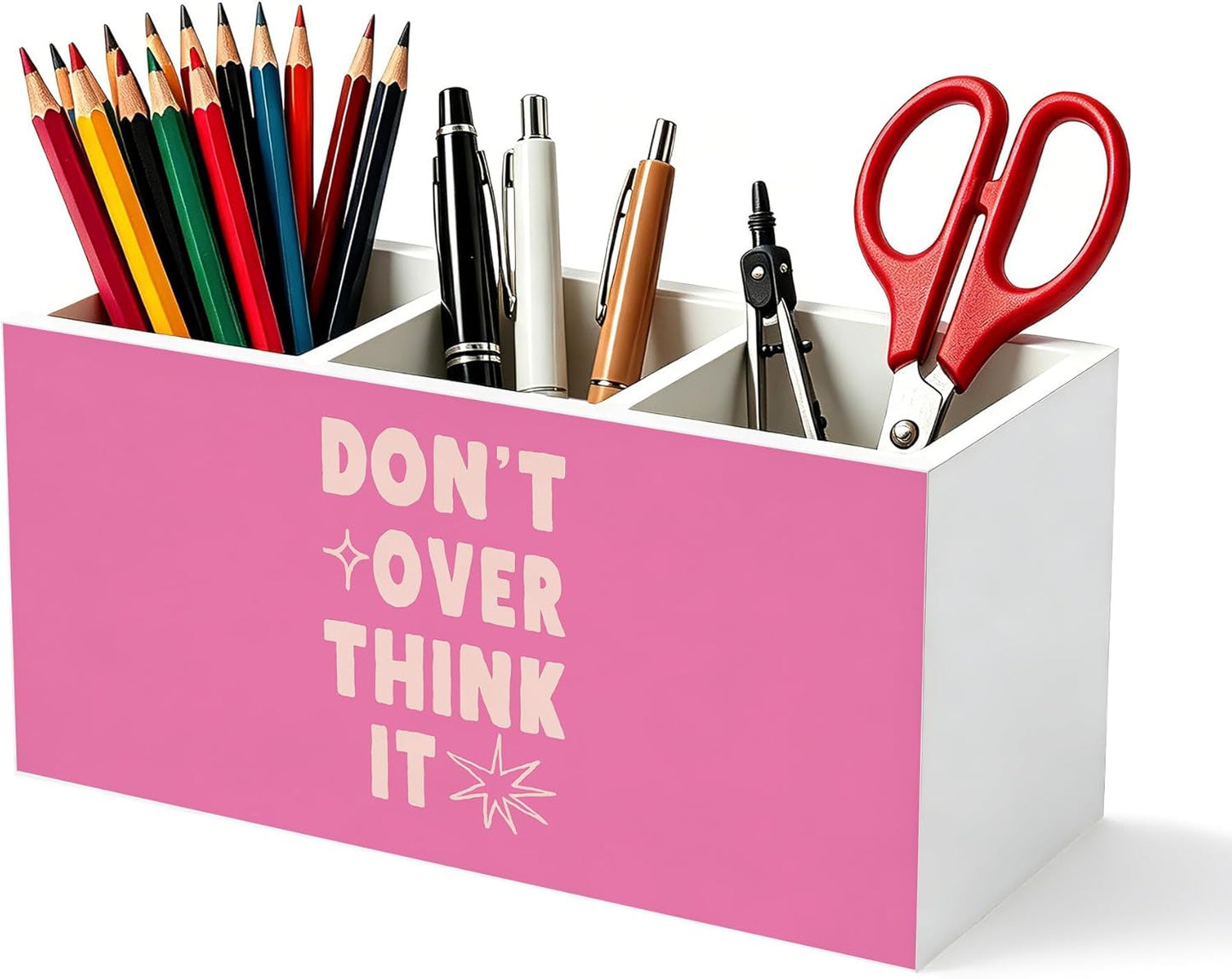 Don't Overthink It Inspirational Pencil Pen Holder for Desk, Pink Positive Affirmations Wooden Box Sign Pen Holder Organizer for Home Office School Desk Accessories